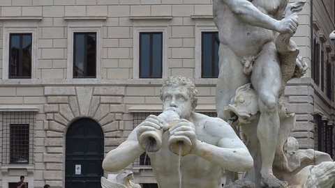 Rome, Italy - June , 2016: Fontana del Moro, Moor fountain located at the southern end of Piazza Navona, it represents a Moor, Neptune, standing in a conch shell, surrounded by four Tritons