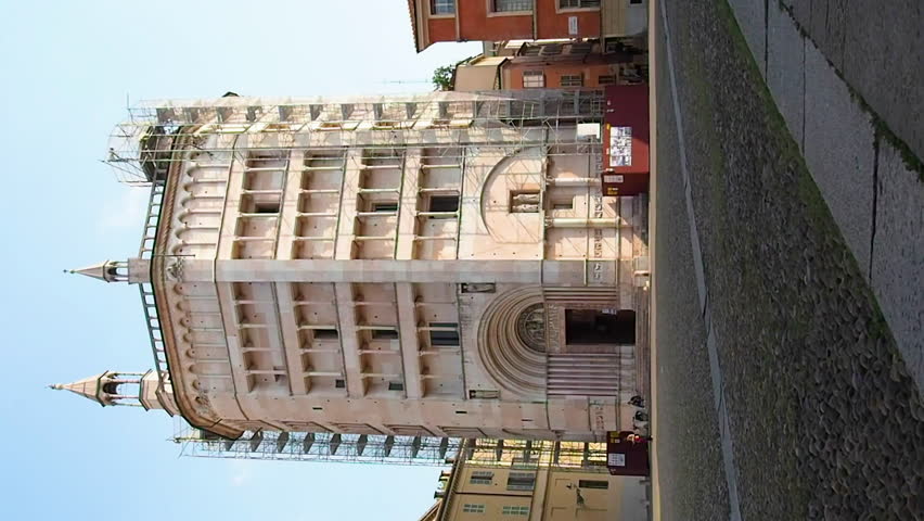 July 2018. Vertical view of Piazza Duomo with the Baptistery. July 2018 in Parma.