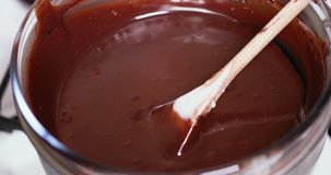 Close up clip of condensed milk being added to melted chocolate in double boiler water bath bain-marie to make a french pave recipe dessert 