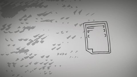 Digital animation of a sketched pen and paper on a gray background with random dark gray smudges