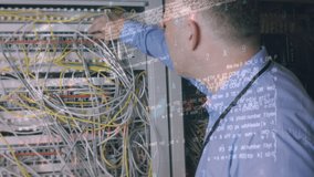 Close-up view of a middle-aged Caucasian male technician inspecting a computer server. Random cinematic view of computer codes and scripts as foreground - Powered by Shutterstock - Get 15% off with code: PIKWIZARD15