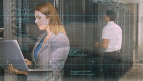 Side view and back view of a middle-aged Caucasian female and male technicians, respectively, in business suits doing a cyber security check on a server tower. Moving random codes and scripts with - Powered by Shutterstock - Get 15% off with code: PIKWIZARD15
