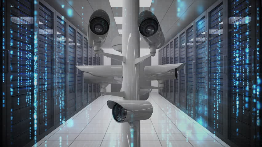 Digital animation of moving white CCTV cameras in a walking aisle view in server rooms. Blue digital rain as background | Shutterstock HD Video #1028633258