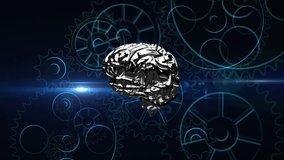 Lateral view of a metallic silver human brain rotating with cog wheels animation zooming in towards the screen. - Powered by Shutterstock - Get 15% off with code: PIKWIZARD15