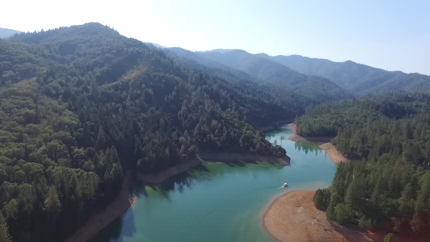 Aerial shot of lake shasta in summer with low lake level