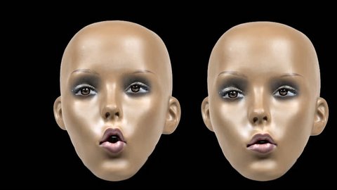 mannequin head with animated facial expressions and overlayed glitch and distortion. not a real model, this is a mannequin head