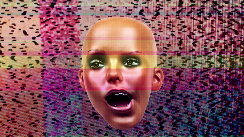 mannequin head with animated facial expressions and overlayed glitch and distortion. not a real model, this is a mannequin head