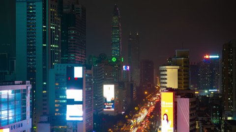 SHENZHEN, CHINA - OCTOBER 3 2018:  night time illumination shenzhen cityscape downtown rooftop panorama 4k timelapse circa october 3 2018 shenzhen, china.