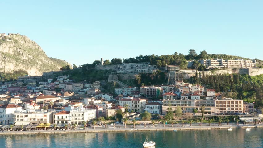 Nafplio, picturesque seaside town in Greece, Slow Aerial Push in Shot 4k