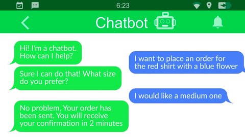 Chatbot talking to a user. Messaging app animation with text bubbles simulating a real chat between users.