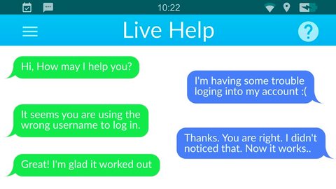 Live online help service.Messaging app animation with text bubbles simulating a real chat between users.