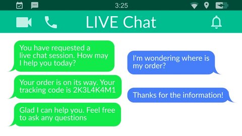Live chat. Messaging app animation with text bubbles simulating a real chat between users.