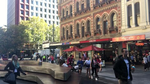 ADELAIDE  - MAR 29 2019:Traffic on Rundle Mall shopping precinct, a very popular local and tourist attraction in Adelaide, South Australia State, Australia.