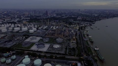 Aerial View of oil refinery or petroleum refinery industrial processing plant and petroleum products storage plants