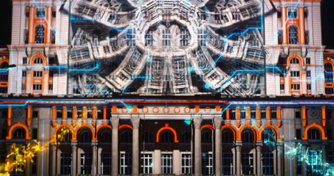 BUCHAREST, ROMANIA - SEPTEMBER 24: iMapp Bucharest 3D videomapping on SEPTEMBER 24, 2016. iMapp Bucharest Edition is the biggest 3D videomapping competition worldwide projected on House of Parliament