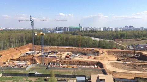 MOSCOW, RUSSIA - APRIL 30, 2019: Overview on to the construction site, basement construction