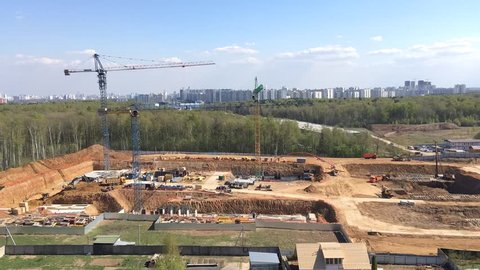 MOSCOW, RUSSIA - APRIL 30, 2019: Overview on to the construction site, basement construction
