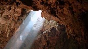 Pan-video shooting, Light from the cave. The nature wonderful tourist attraction of Thailand, the place of Khao Luang Cave, Phetchaburi Province.
