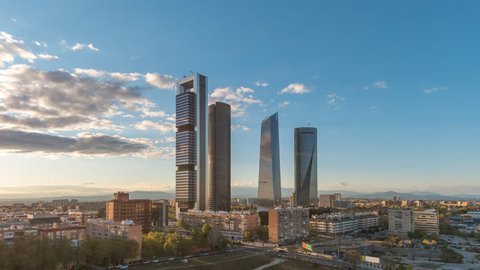 Madrid Spain time lapse 4K, city skyline timelapse at financial district four towers