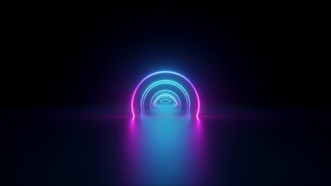 3d render, flight inside tunnel, neon light abstract background, round arcade, portal, rings, circles, virtual reality, ultraviolet spectrum, laser show, fashion podium, stage, floor reflection
