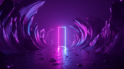 3d abstract background, neon light, extraterrestrial landscape scene, meteor shower, falling stars, flight forward through corridor of rocks, virtual reality, outer space, speed of light, fireworks