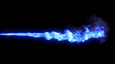 Stream of blue magic fire like flamethrower shooting or fire-breathing dragon's flames. High quality footage with alpha channel.