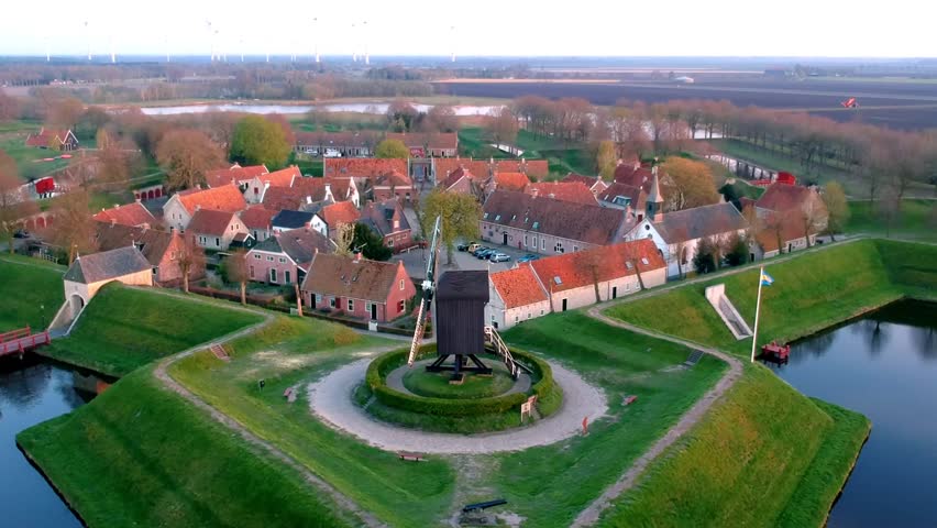 Aerial medieval windmill bourtange fortress, Netherlands 