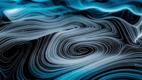 Animation of blue abstract curved lines and shapes evolving in spiral with small white particles following them. Organic look. Shallow depth of field. 3D rendering.