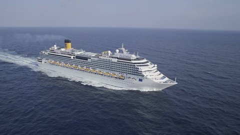 Santos/Brazil - January - 2017: The Big Costa Cruise Ship On The Ocean sailing across The Mediterranean sea - Aerial footage

