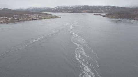 Saltstraumen is a small strait with one of the strongest tidal currents in the world. It is located in the municipality of Bodø in Nordland county, Norway. filmed static shot