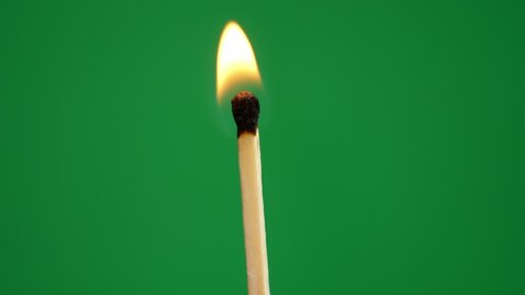 A lit fire match with a green screen background. Flame is weak and soon dies out.