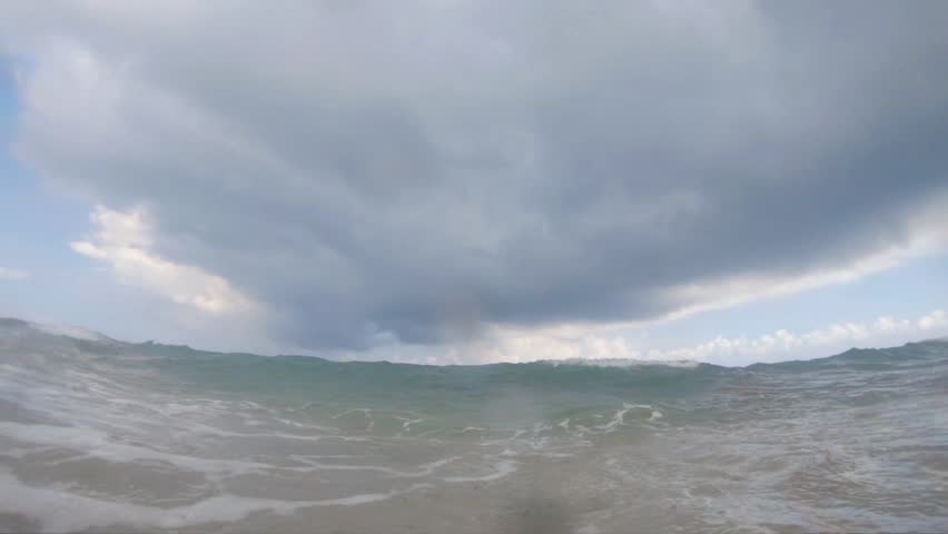 Turbulent Waves Crash Directly into Us in 240 fps Super Slow-Motion in a First-Person Point-of-View as a Storm Cloud Approaches in the Afternoon at the Shoreline of Fort Lauderdale, Florida Beach
