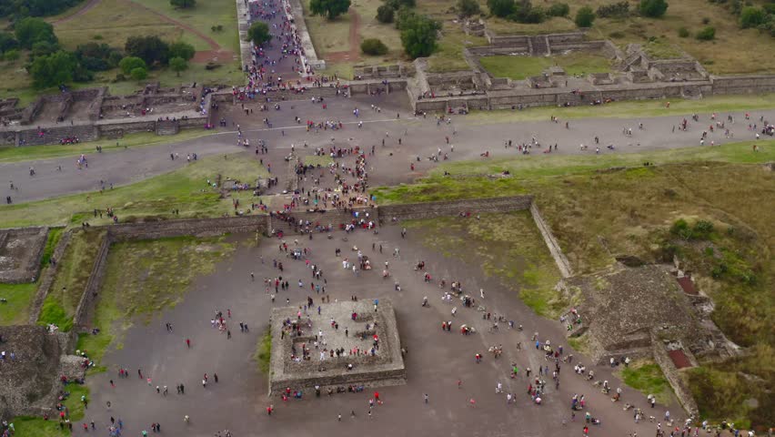 AERIAL: Teotihuacan, Mexico, Pyramids, Parking Lot (Steady)