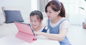 Mom and daughter use tablet happily in living room