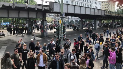 Berlin, Germany - May 01, 2019: People on street in Kreuzberg at myfest celebration on labor day/ 1. may in Berlin, Kreuzberg