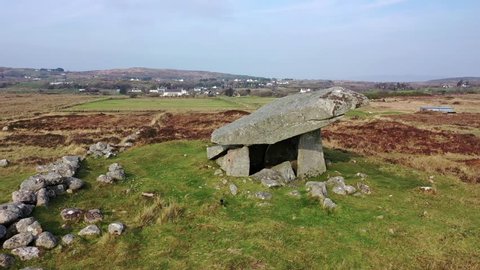 The Kilclooney Dolmen is neolithic monument dating back to 4000 to 3000 BC between Ardara and Portnoo in County Donegal, Ireland - Aerial.