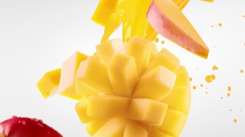 Mango with Slices Falling on White Background. Loopable