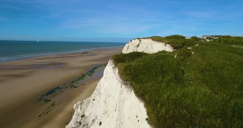 Aerial video of a beautiful landscape, shot in Le Petit Blanc Nez, Escalles on the Opal Coast. Popular tourist location in Calais, France, shot in a sunny day.