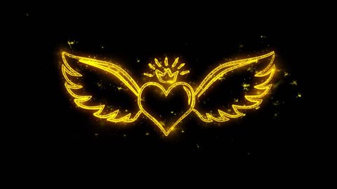 Heart with Angle Wings Shape Written with Golden Particles Sparks Fireworks Display 4K. Greeting card, Celebration,