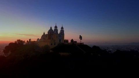Aerial view of the church during sunrise in cholula puebla.