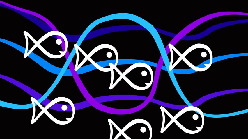 Symbolic cartoon drawing. White fishes among the waves on a black background. Video clip art.