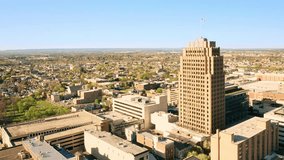 Aerial drone footage of Allentown, Pennsylvania with the camera panning along the skyline