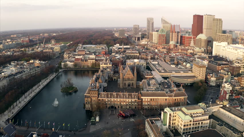 The city center of the The Hague, the Netherlands. The Binnenhof can be seen in the center. | Shutterstock HD Video #1028772920