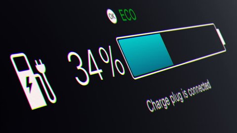 Electric Car Charging Indicating the Progress of the Charging, electric vehicle battery indicator showing an increasing battery charge. The battery indicator shows it fills up to 100%.