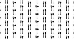 Illustrated fork and spoon background video clip motion backdrop video in a seamless repeating loop. Black & white silverware icons kitchen food pattern white background high definition motion video
