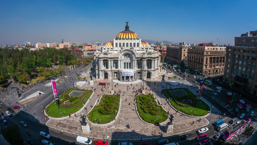 Mexico City, Mexico - January 29, 2019: Zoom in time lapse view of architectural landmark Palacio de Bellas Artes in the Historic Center of Mexico City (Spanish: Centro Historico ), Mexico.