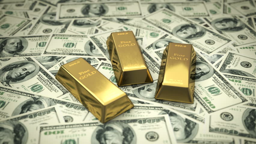 Camera moves slowly around fine gold bars laying on a bunch of 100 USD bills Royalty-Free Stock Footage #1028785151