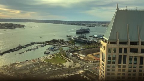 1080HD, Cruise ship leaves San Diego harbor at sunset. Time Lapse.