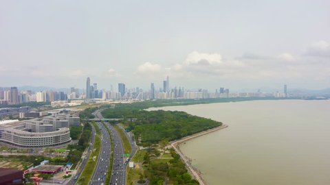 Shenzhen City at Day. Futian District Urban Skyline and Bay Park. China. Aerial Hyper Lapse, Time Lapse
