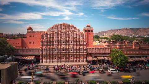 Jaipur, Rajasthan, India, time lapse view of architectural landmark Hawa Mahal aka Palace of the Winds located in the Pink City of Jaipur.